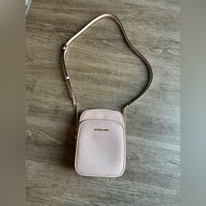 Pink Michael Kors  crossbody Logo-print canvas Gold-tone hardware 9”W X5.5”HX1”D